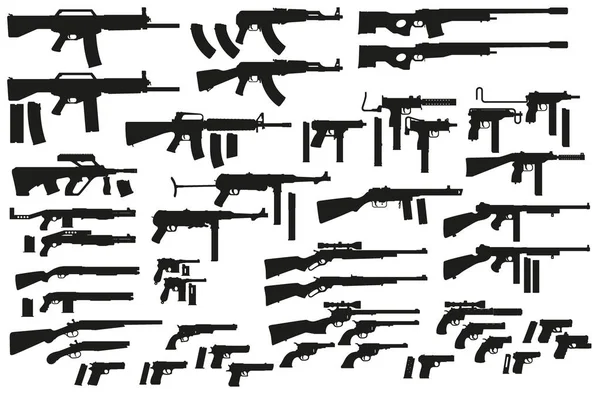 Pistolas Fusiles Submáquinas Revólveres Escopetas Silueta Detallada Negro Gráfico Aislado — Vector de stock