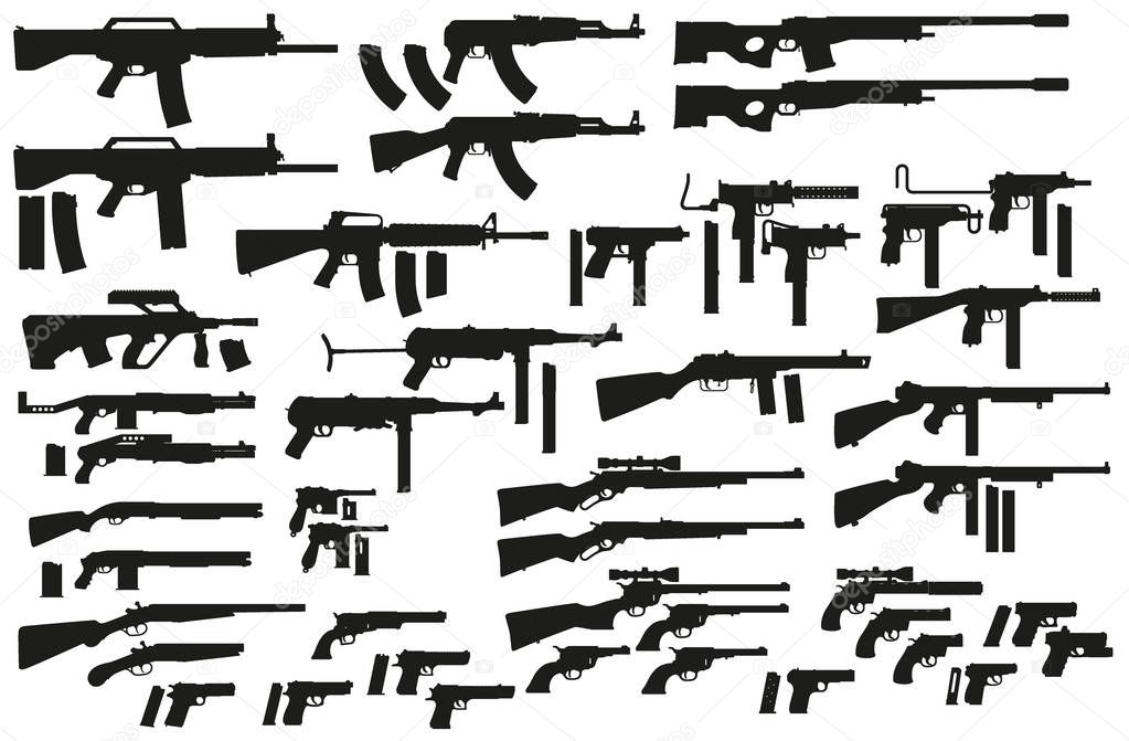 Graphic black detailed silhouette pistols, guns, rifles, submachines, revolvers and shotguns. Isolated on white background. Vector weapon and firearm icons set. Vol. 1