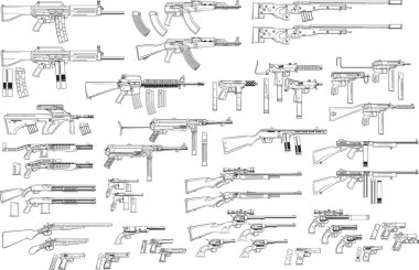 Grafik siyah ve beyaz siluet tabanca, tüfek, tüfek, submachines, tabanca ve av tüfeği ayrıntılı. Beyaz arka plan üzerinde izole. Vektör silah ve ateşli silah Icons set.