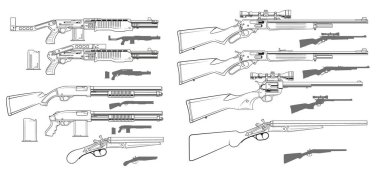 Grafik siyah ve beyaz modern ve retro av tüfeği ve tüfek cephane Klipsli ayrıntılı. Beyaz arka plan üzerinde izole. Vektör Icon set.