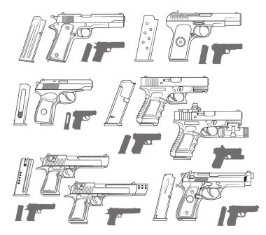 Grafik siyah ve beyaz modern tabanca tabanca cephane Klipsli ayrıntılı. Beyaz arka plan üzerinde izole. Vektör Icon set.