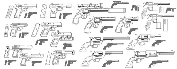图形黑色和白色详细的现代和复古手枪和左轮手枪与弹药剪辑 隔离在白色背景上 矢量图标集 — 图库矢量图片