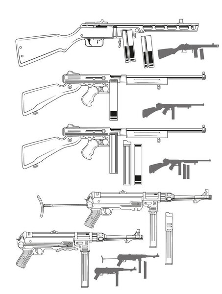 Graphic black and white detailed old retro submachine guns with ammo clip. Isolated on white background. Vector icon set.