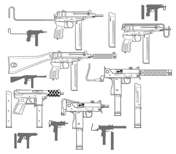 Графічні Чорно Білі Деталізовані Сучасні Пістолети Кулемети Затиском Боєприпасів Ізольовані — стоковий вектор
