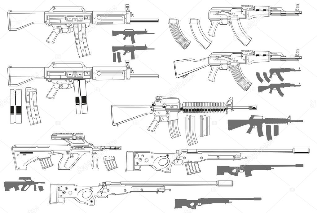 Graphic black and white detailed modern automatic assault and sniper rifles with ammo clip. Isolated on white background. Vector icon set.