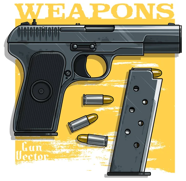 グラフィック カラフルな詳細な金属拳銃ピストルの弾薬クリップ 黄色の背景上に分離 ベクトルのアイコン — ストックベクタ