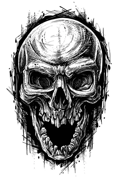 Detailed graphic human skull trash polka line art — Stock Vector
