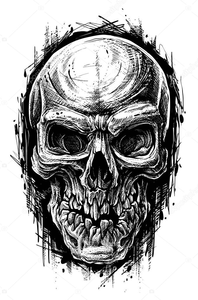Detailed graphic human skull trash polka line art