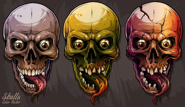Conjunto detalhado de crânios humanos coloridos gráficos — Vetor de Stock