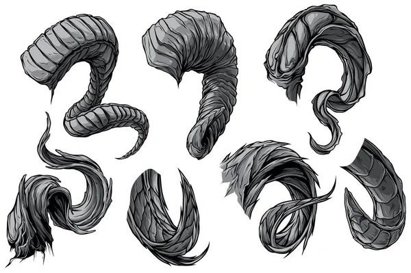 Cartoon big sharp spiral animal horns vector set — Stock Vector
