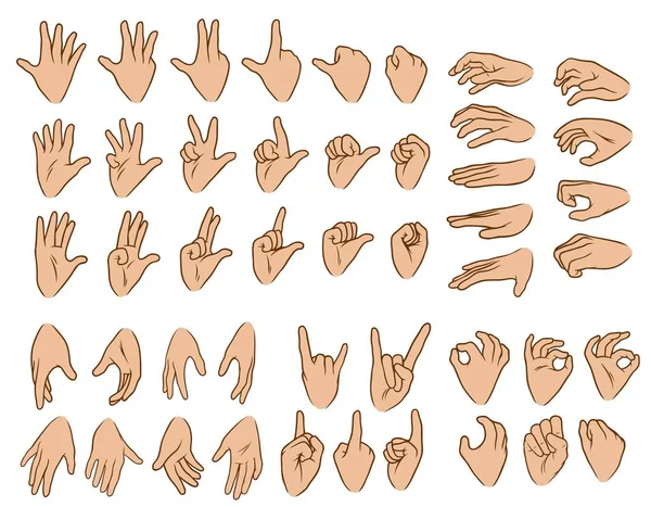 Tecknad vit mänskliga händer stora vektor ikoner set — Stock vektor