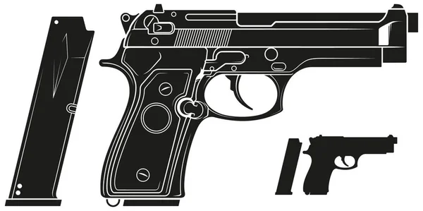 Graphic silhouette handgun pistol with ammo clip — Stock Vector