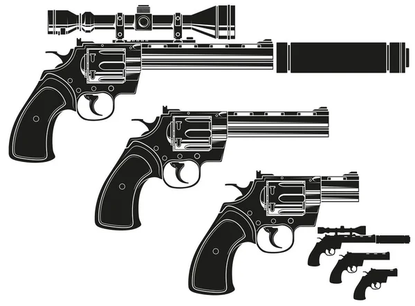 Графический силуэт револьвер с оптическим прицелом — стоковый вектор