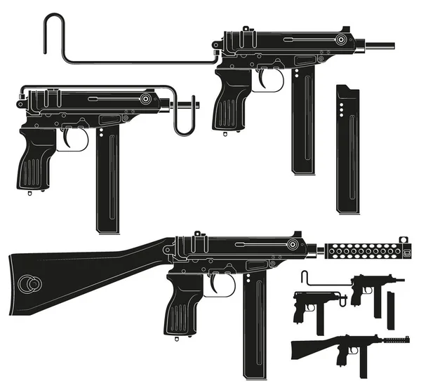 Grafikus silhouette submachine pisztoly lőszer csíptetővel — Stock Vector