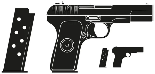 Graphic silhouette handgun pistol with ammo clip — Stock Vector