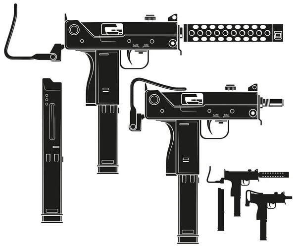 Grafische Silhouette Maschinenpistole mit Munitionsclip — Stockvektor