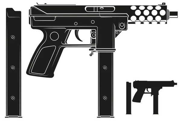 Grafische silhouet submachine gun met munitie clip — Stockvector