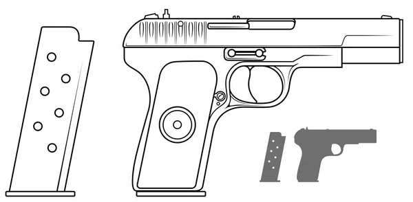 Pistola gráfica en blanco y negro con clip de munición — Vector de stock