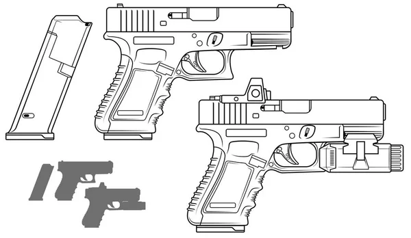 Pistola gráfica en blanco y negro con linterna — Vector de stock