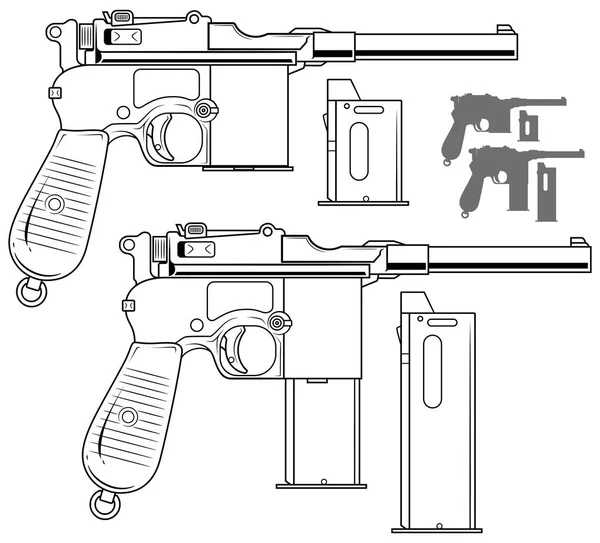 Graphic black and white old pistol with ammo clip — Stock Vector