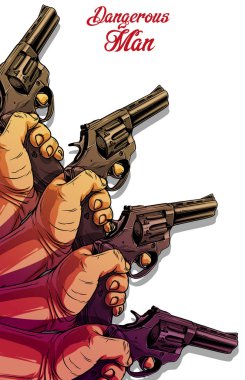 Cartoon human hands holding old revolver clipart