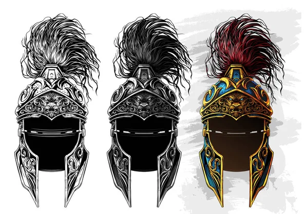 Gráfico antigo metal guerreiro capacete ícone conjunto —  Vetores de Stock