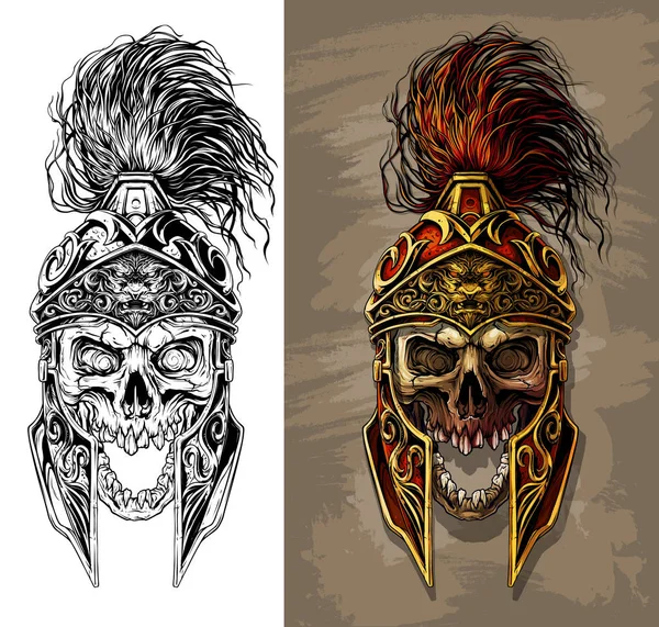 Calavera gráfica detallada en casco de metal antiguo — Vector de stock