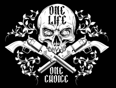 Detaylı grafik beyaz insan kafatası ile revolverler