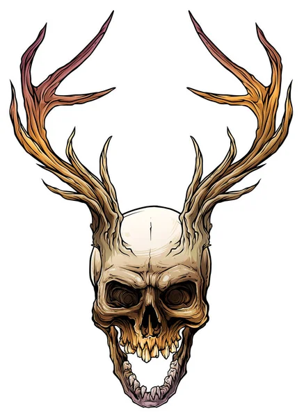 Grafické barevné lidská lebka s rohy jelen — Stockový vektor