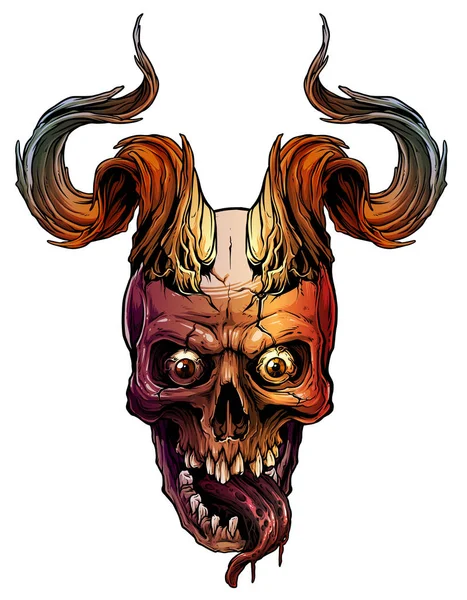 Graphic colorful human skull with bull horns — Stock Vector