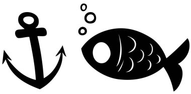 Siyah siluet balık ve çapa vektör simgesi