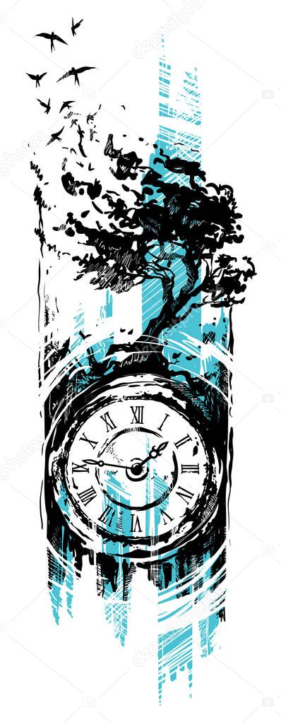 Graphic black vintage clock with tree and swallows