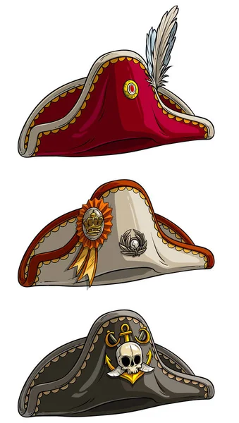 Мультяшний трикорнський піратський капелюх з черепом і пером — стоковий вектор