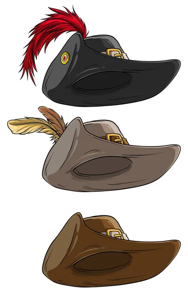 Chapeau de mousquetaire dessin animé avec ceinture et plume — Image vectorielle