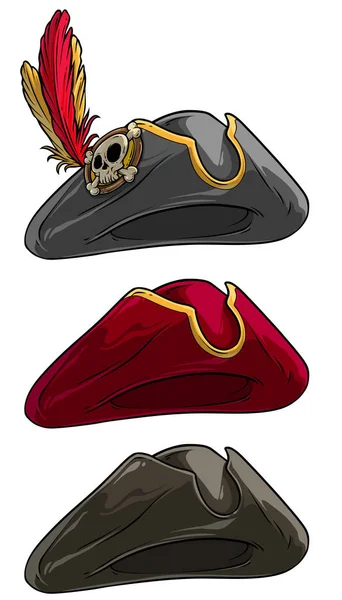 Chapeau pirate tricorne dessin animé avec crâne et plume — Image vectorielle