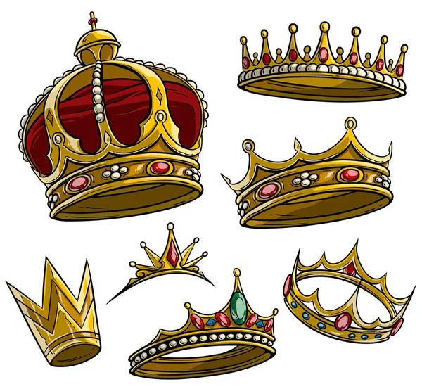 Dibujos animados rey real corona de oro vector conjunto — Archivo Imágenes Vectoriales