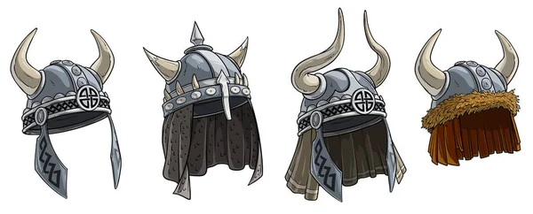 Cartoon metal Viking kask z rogami wektor zestaw — Wektor stockowy