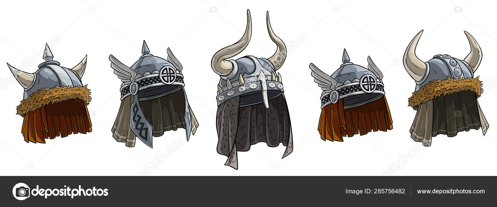 Cartoon metal viking helmet with horns vector set Stock Vector by
