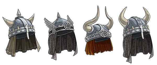 Cartoon metal Viking kask z rogami wektor zestaw — Wektor stockowy