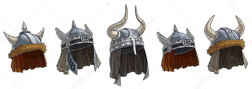Cartoon metal viking helmet with horns vector set