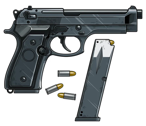 Pistola gráfica de pistola detallada con clip de munición — Vector de stock