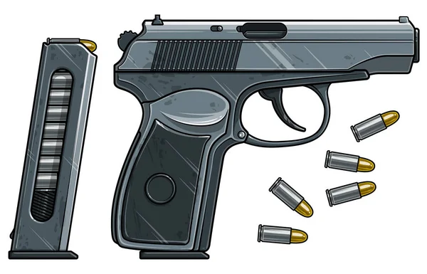 Pistola de pistola detalhada gráfica com clipe de munição — Vetor de Stock