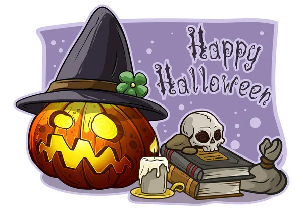 Kreskówka Halloween straszny dynia z czarownica kapelusz — Wektor stockowy