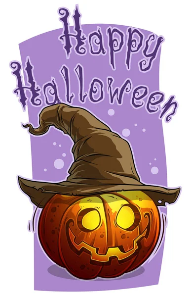 Cartone animato Halloween sorridente zucca con cappello strega — Vettoriale Stock