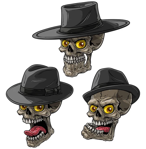 Caveiras de máfia de bandido de desenhos animados com chapéu preto — Vetor de Stock