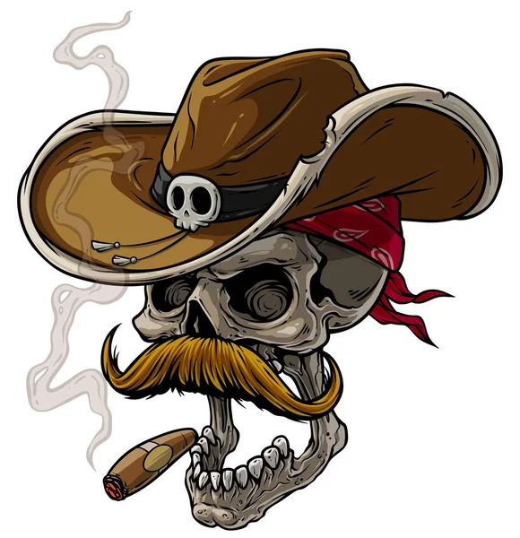 Calavera de vaquero de dibujos animados con sombrero, bigote y cigarro — Archivo Imágenes Vectoriales