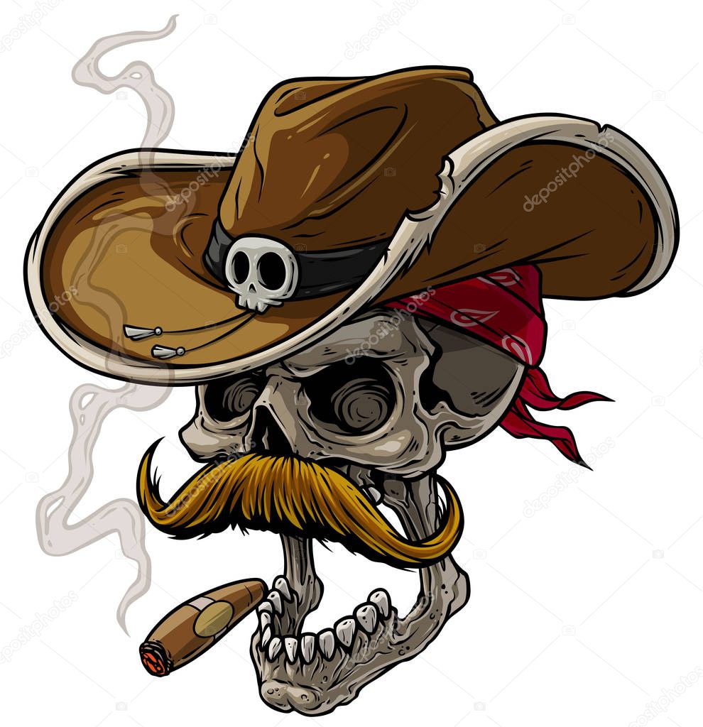 Cartoon cowboy skull with hat, mustache and cigar