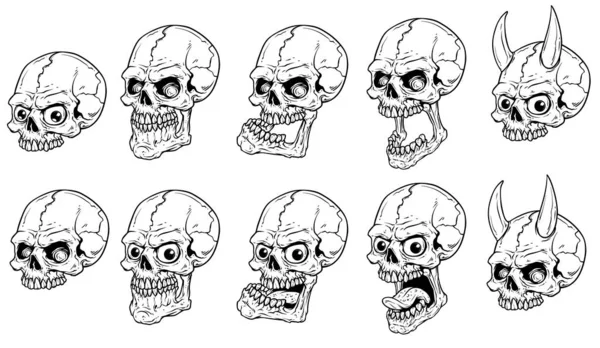 Grafico realista miedo cráneos humanos vector conjunto — Vector de stock