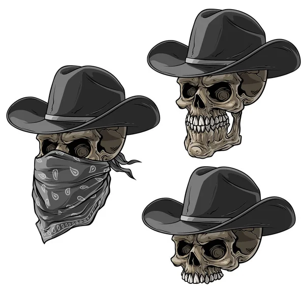 Crânios de bandido de desenhos animados com chapéu e cachecol — Vetor de Stock