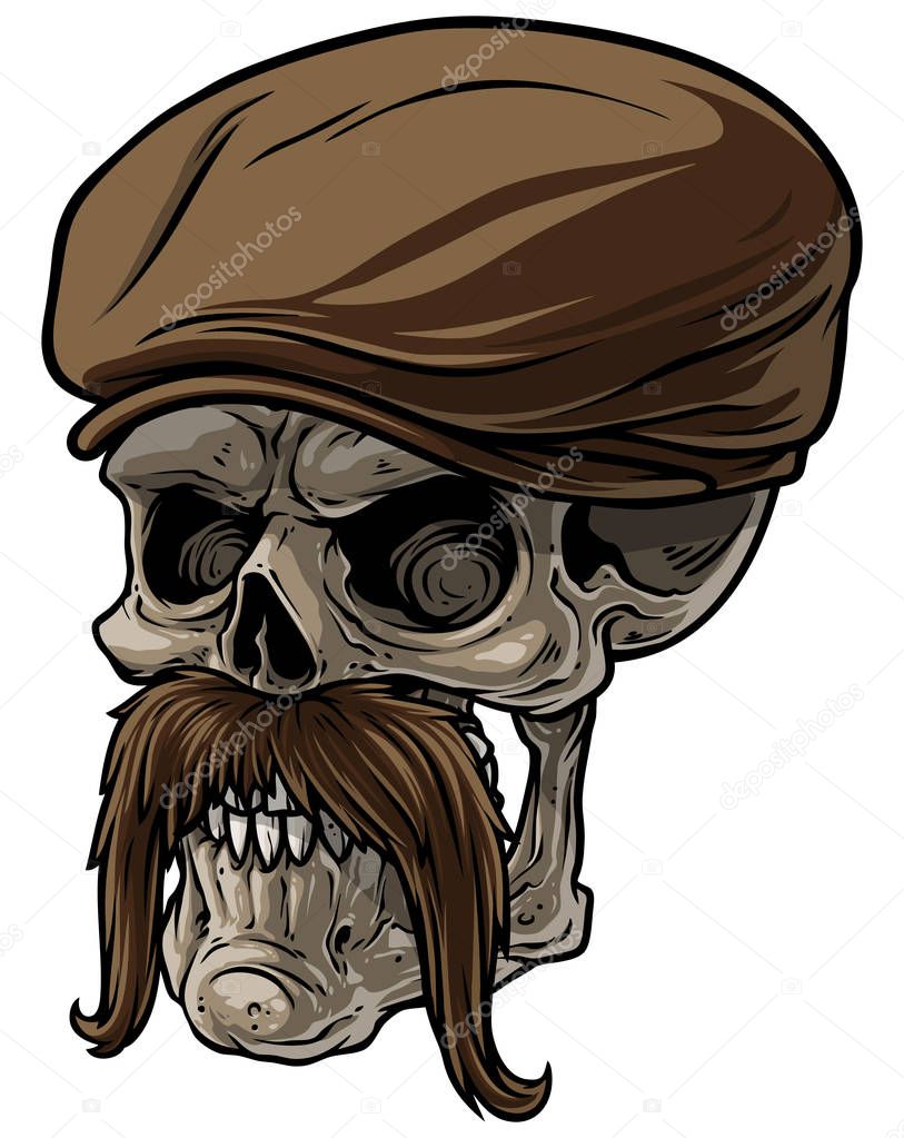 Cartoon human skull in peaked cap with mustache